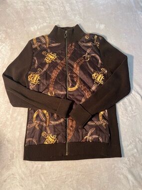 Ralph Lauren Brown Quilted Zip-Up Sweater with Gold Equestrian Print - Petite L